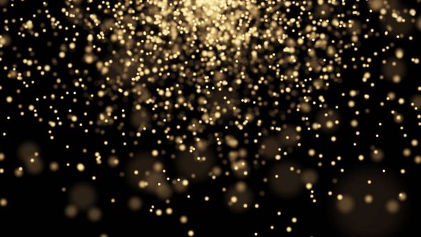 Gelb glitzernde Teilchen. Konzept der Weihnachtsdekoration. Sternenstaub. Abstrakter goldener Bokeh-Hintergrund. 3D-Darstellung. - Foto, Bild