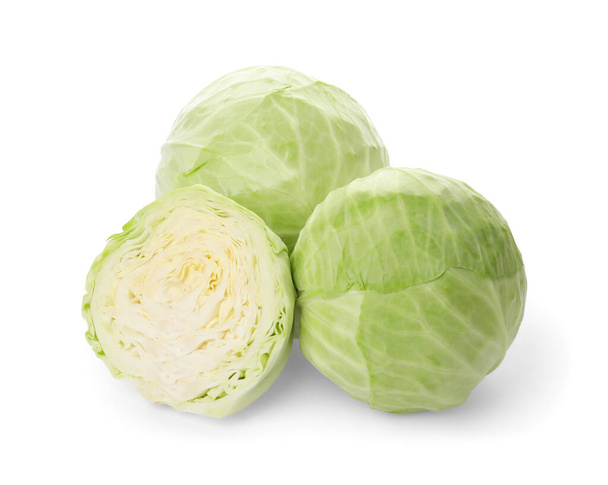 Whole and cut fresh ripe cabbages on white background - Photo, Image