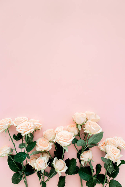 Pasztell tea rózsa virágok rózsaszín háttérrel. Virágos háttér. Minimális virágkoncepció. Lapos fekvésű, felülnézet.  - Fotó, kép