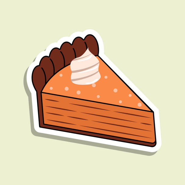 Isolated vector piece of cake on the light green background. Pumpkin cake sticker in cartoon stile. Orange bakery with creamy decor - Vector, Image