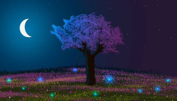 Night landscape. Blooming tree on a hill with flowers and glowworms. Moon among stars. - Wektor, obraz