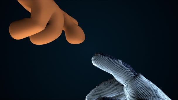 Dos manos extendiéndose entre sí en el espacio, renderizado en 3D. Fondo de dibujos animados generados por ordenador. - Metraje, vídeo