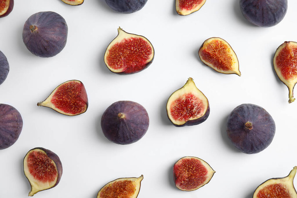 Delicious figs on white background, top view - Photo, Image
