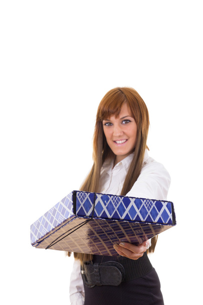 business woman wearing skirt and shirt offering present smiling - Photo, Image