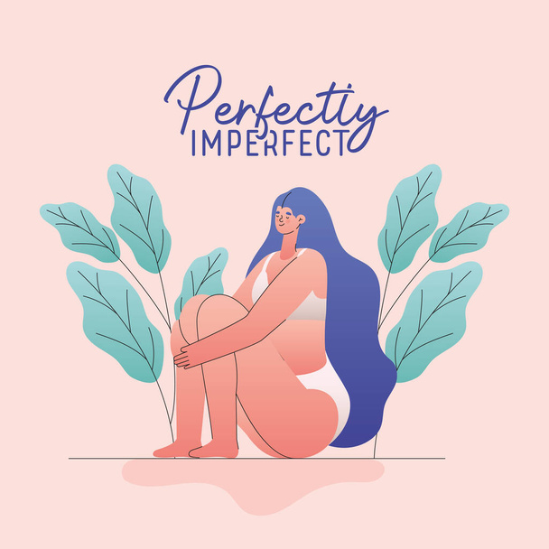 perfectly imperfect plus size woman cartoon in underwear with leaves vector design - Vector, Image