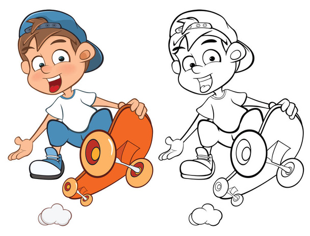 Vector Illustration of a Cute Cartoon Character Boy Skateboarder  for you Design and Computer Game. Coloring Book Outline Set Skateboarding - Vektör, Görsel