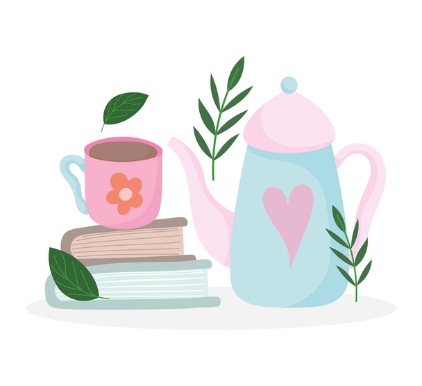 čaj čas, roztomilé konvice a šálek na knihy, kuchyňské keramické nápoje, květinový design karikatura - Vektor, obrázek