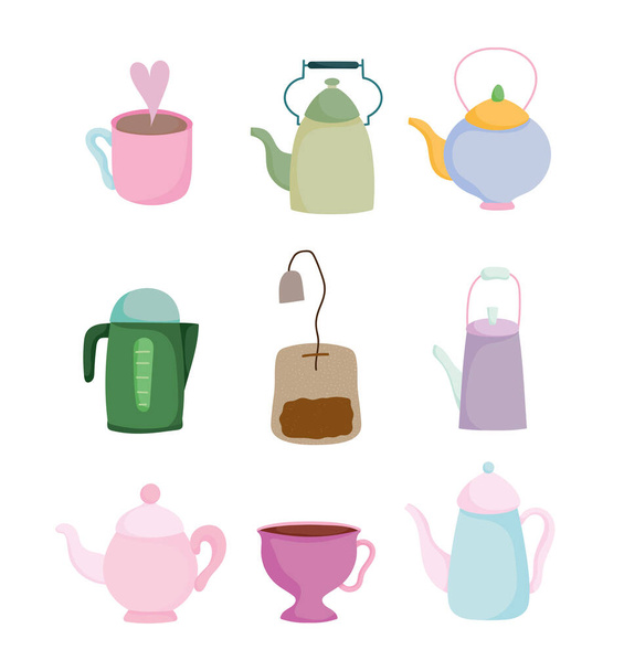 tea time kitchen ceramic drinkware, teabag, cups and kettle cartoon design - Vector, Image