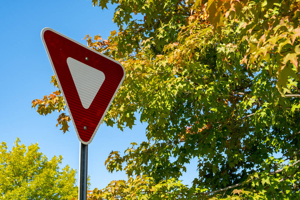 A yield road sign mounted on a metal pole is seen in front of blue sky and green, yellow and orange leaves in early autumn. - Photo, Image
