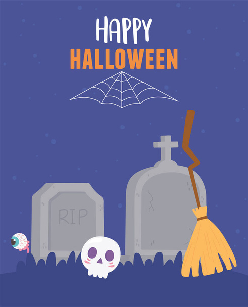 happy halloween skull broom tombstones spooky eye and cobweb - Vector, Image