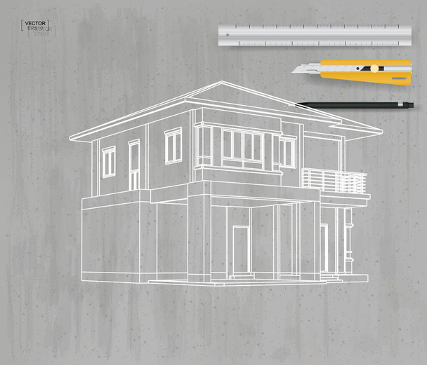 Abstrakte 3D-Perspektive Drahtgestell eines Hauses auf grauem Betonhintergrund. Vektorillustration. - Vektor, Bild