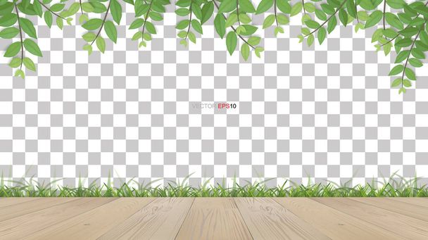Terraço de madeira com moldura de folhas verdes e grama verde em fundo transparente. Ilustração vetorial. - Vetor, Imagem