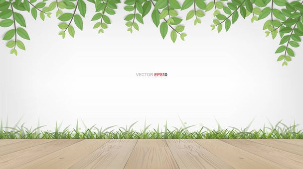 Wooden terrace with framing of green leaves and green natural area. With white area for copy space. Vector illustration. - Vector, Image