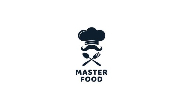 Ilustracja szef kuchni wąsy kapelusz z widelcem i łyżką żywności lub logo restauracji wektor ikony  - Wektor, obraz