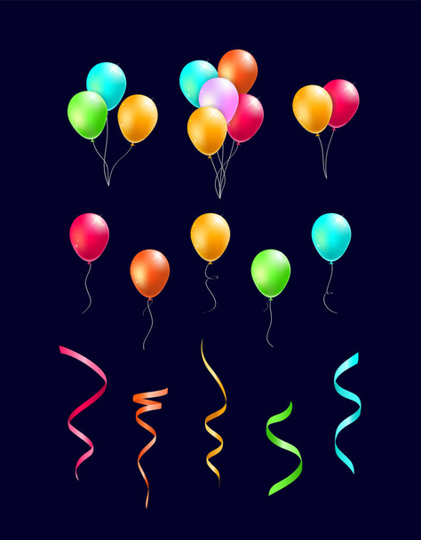 Set of Realistic Isolated Colorful Balloons and Streamers on Black Background . Isolated Vector Elements - Vecteur, image
