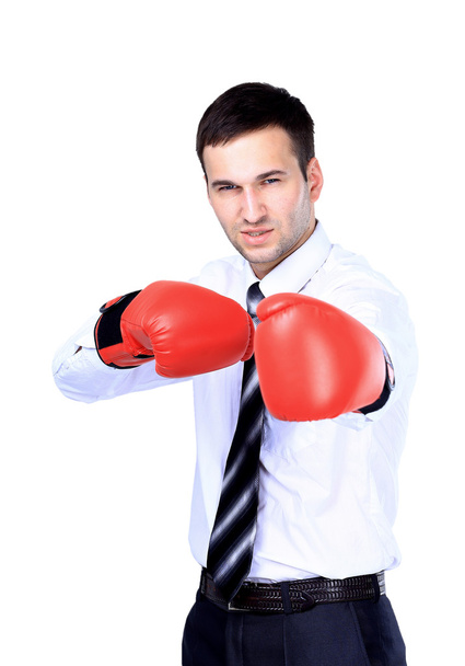 Business man ready to fight with boxing gloves - isolated over white background - Photo, image