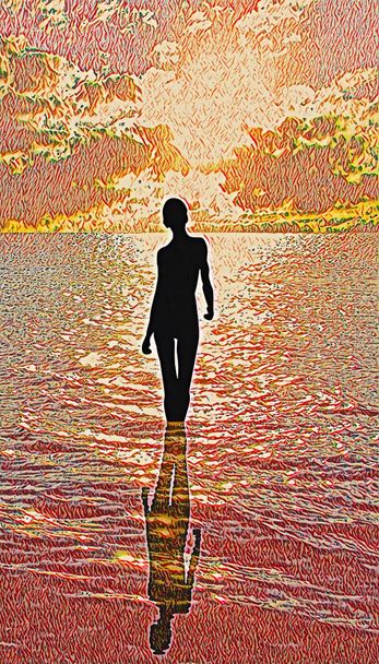 Szczupła dziewczyna wychodząca z wody, naturalne tło morskie - Zdjęcie, obraz