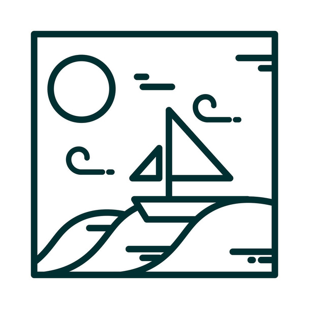 paesaggio barca nel mare vento sole cartoni animati linea icona stile - Vettoriali, immagini