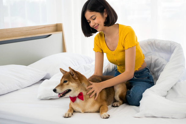 Mutlu kadın ve Shiba Inu köpeği evdeki yatakta birlikte yatıyorlar. - Fotoğraf, Görsel