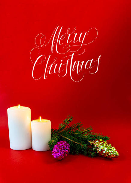 Christmas card, banner, flatlay with text - Merry Christmas on a red background - Foto, afbeelding
