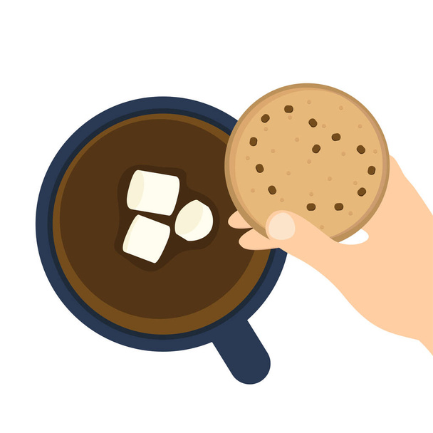 Tasse Kaffee oder heiße Schokolade mit Marshmallows und Keksen - Vektor, Bild