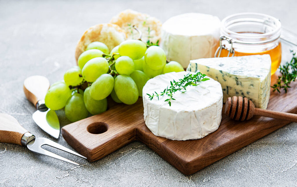 Seleção de queijos, mel e uva sobre fundo de concreto cinza - Foto, Imagem