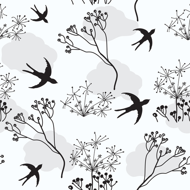 Безшовний візерунок з ластівками і сухими квітами
 - Вектор, зображення