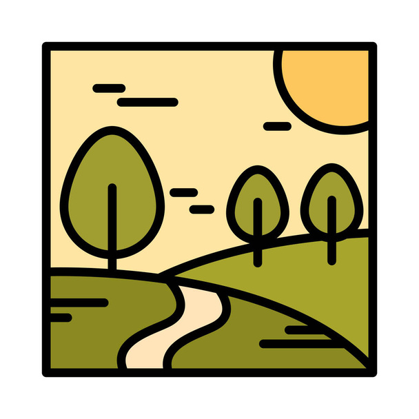 Ландшафтная тропа деревья луг природы солнце небо мультфильм линии и заполнить стиль - Вектор,изображение