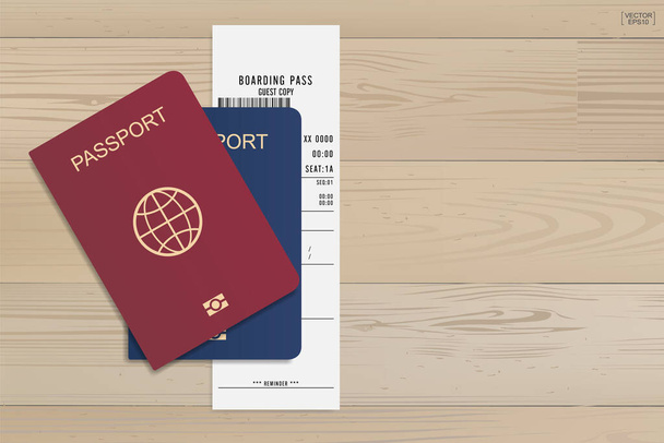 Διαβατήριο και κάρτα επιβίβασης σε ξύλινο φόντο. Εικονογράφηση διανύσματος. - Διάνυσμα, εικόνα