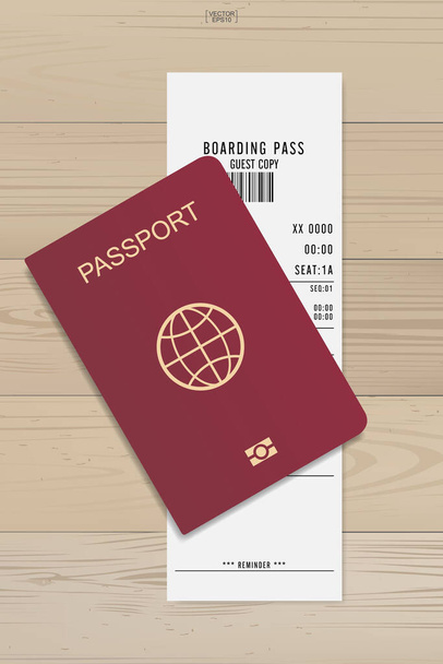Passaporto e biglietto d'imbarco su sfondo legno. Illustrazione vettoriale. - Vettoriali, immagini