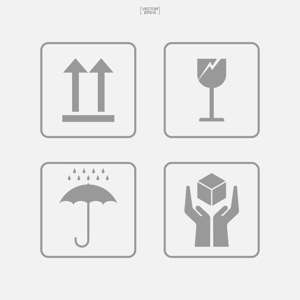 Fragile care box sign and symbol. Cardboard packaging icon set for safety delivery. Vector illustration. - Vetor, Imagem