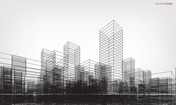Perspective 3D render of city wireframe. Wireframe city background of building. Vector illustration. - Vector, Image