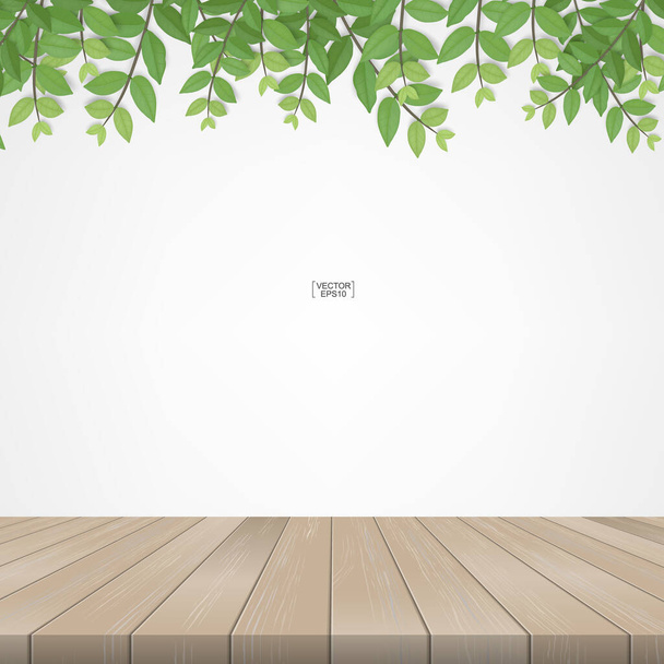 Terraço de madeira com moldura de folhas verdes e área natural verde. Com área branca para espaço de cópia. Ilustração vetorial. - Vetor, Imagem