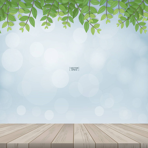 Terraza de madera con marco de hojas verdes y zona natural verde con fondo bokeh claro y borroso. Ilustración vectorial. - Vector, imagen