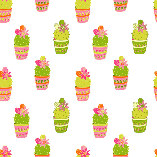 Vector seamless pattern with colorful blooming cactuses in pots. Flat style with outline. Pink, green, orange colors. Great for covers, wrapping papers, fabrics. Beautiful succulent  houseplant. - ベクター画像