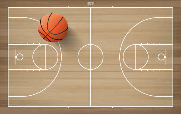 Basketbal in basketbalveld. Met houten achtergrond. Vectorillustratie. - Vector, afbeelding