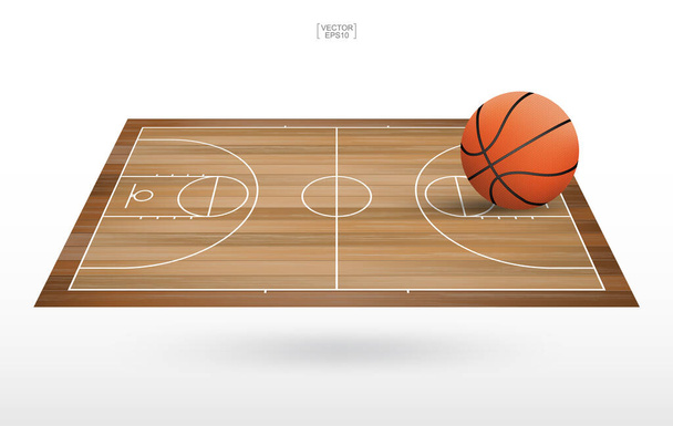 Pallone da basket nell'area del campo da basket. Con sfondo modello in legno. Illustrazione vettoriale. - Vettoriali, immagini