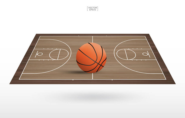 Pallone da basket nell'area del campo da basket. Con sfondo modello in legno. Illustrazione vettoriale. - Vettoriali, immagini
