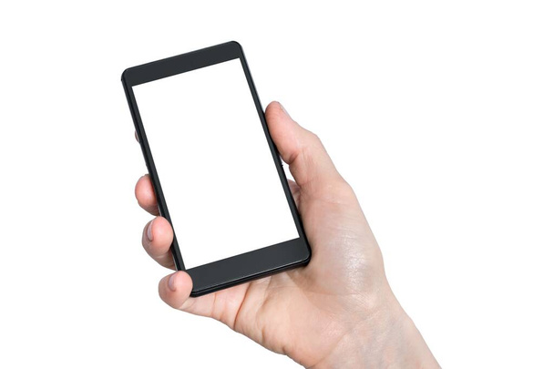 Mobile con touch screen bianco vuoto in mano di donna isolata su sfondo bianco - Foto, immagini