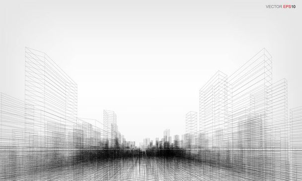 Wireframe Stadt Hintergrund. Perspektivisches 3D-Rendering von Building Wireframe. Vektorillustration. - Vektor, Bild
