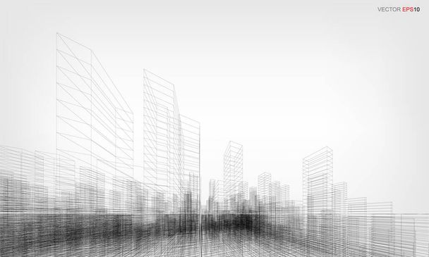 Проводной каркас города. Перспектива 3D рендеринга здания wireframe. Векторная иллюстрация. - Вектор,изображение