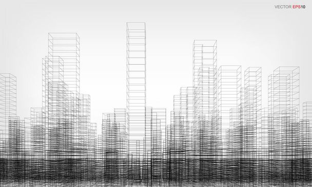 Wireframe stad achtergrond. Perspectief 3D renderen van het bouwen van draden frame. Vectorillustratie. - Vector, afbeelding