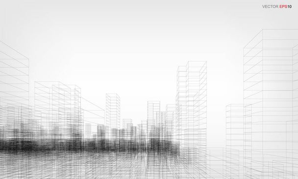 Fondo de la ciudad Wireframe. Perspectiva 3D renderizado de la construcción de wireframe. Ilustración vectorial. - Vector, Imagen