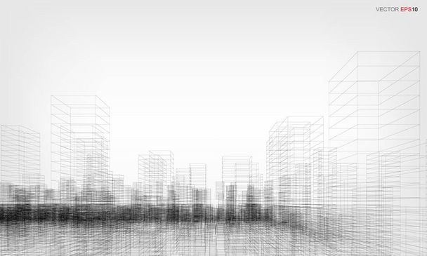 Wireframe városi háttér. Perspektíva 3D renderelése épület drótkeret. Vektorillusztráció. - Vektor, kép