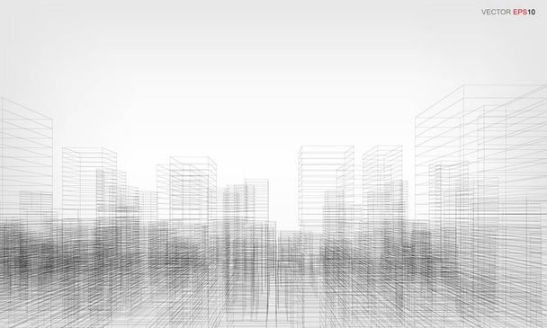 Проводной каркас города. Перспектива 3D рендеринга здания wireframe. Векторная иллюстрация. - Вектор,изображение