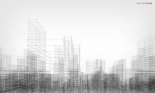 Przewody w tle miasta. Perspektywny 3D renderowanie budynku okablowania. Ilustracja wektora. - Wektor, obraz