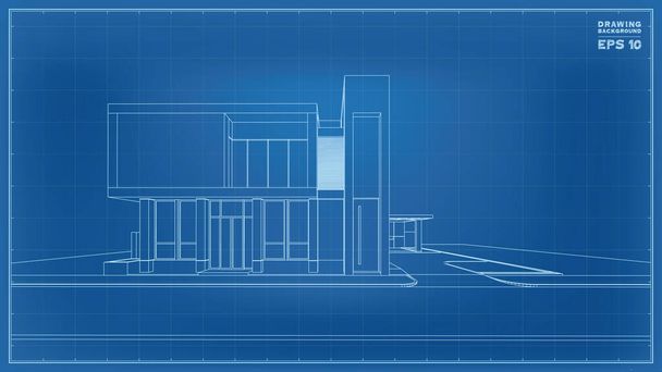 ブループリントの視点。熱帯の家のワイヤーフレームの3Dレンダリング。住宅建設のアイデアのベクトル図. - ベクター画像