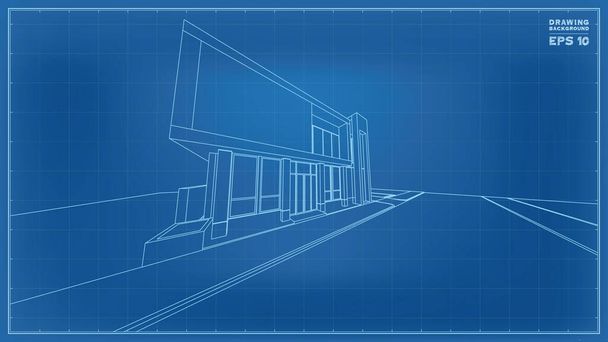 Plano de Perspectiva. Representación 3D de estructura de alambre de casa tropical. Ilustración vectorial de la idea de construcción de casas. - Vector, Imagen
