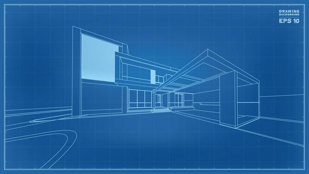 Schema Prospettivo. rendering 3D di wireframe casa tropicale. Illustrazione vettoriale dell'idea di costruzione della casa. - Vettoriali, immagini