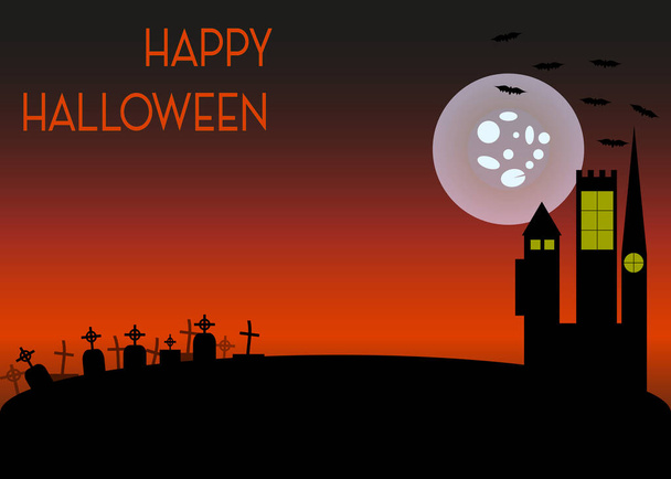 Happy Halloween banner against the backdrop of a moonlit night. Castle, graves in the cemetery, bats. The EPS file is available. - Vector, Image